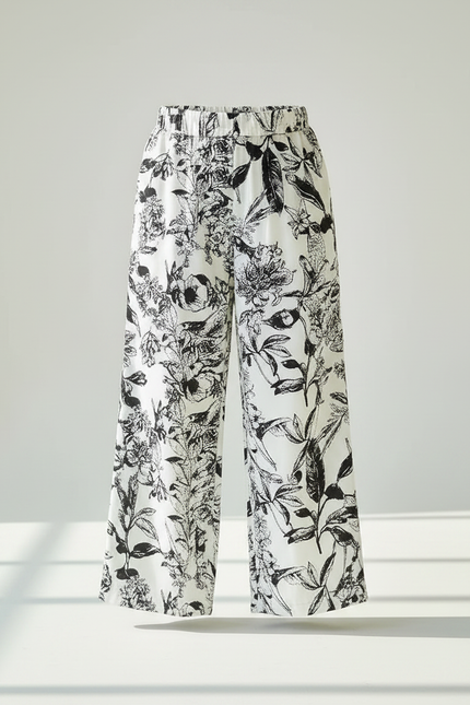 Pantalon Fluide Imprimé Floral Noir Blanc Ample - Viscose - vue 3