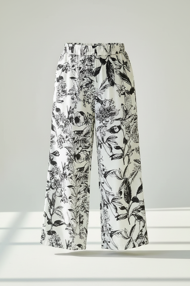 Pantalon Fluide Imprimé Floral Noir Blanc Ample - Viscose - vue 3