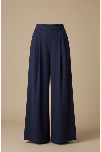 Pantalon Fluide Bleu Marine Taille Haute Élégant Ample - Polyester - vue 3