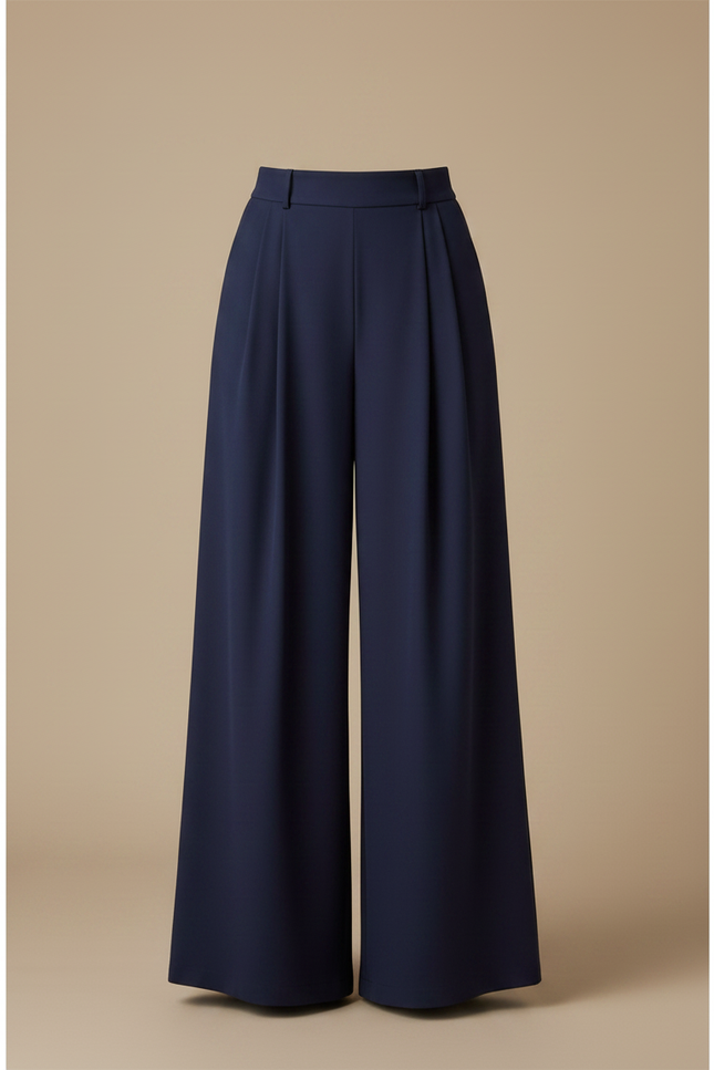 Pantalon Fluide Bleu Marine Taille Haute Élégant Ample - Polyester - vue 3