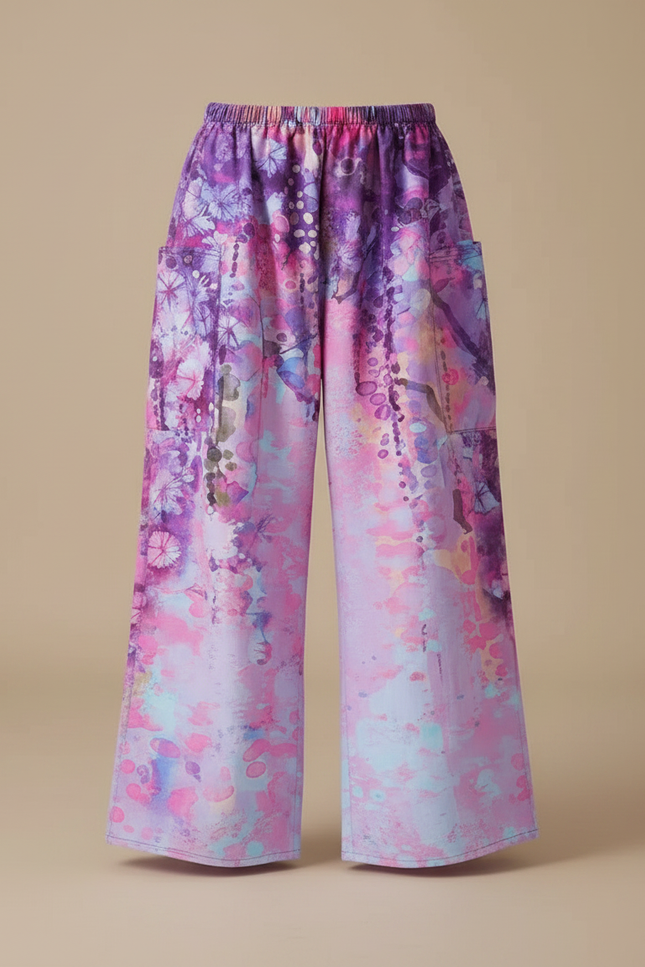 Pantalon Fluide Imprimé Fleuri Ample Fille Violet Rose - Viscose - vue 3