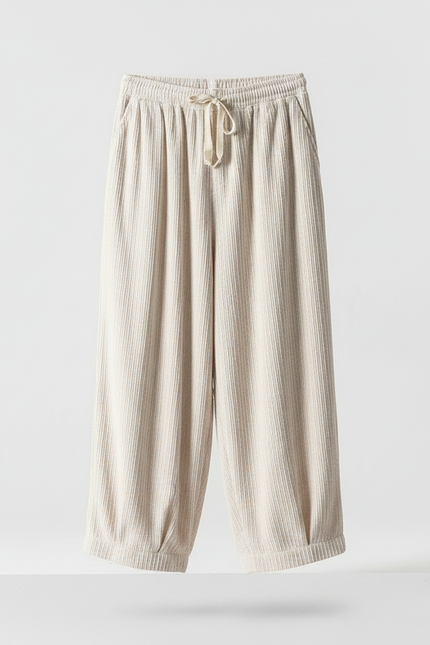 Pantalon Fluide Écru Côtelé Ample Cordon Homme Décontracté - Beige Cordé - vue 3