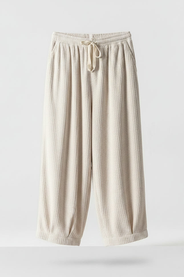 Pantalon Fluide Écru Côtelé Ample Cordon Homme Décontracté - Beige Cordé - vue 3