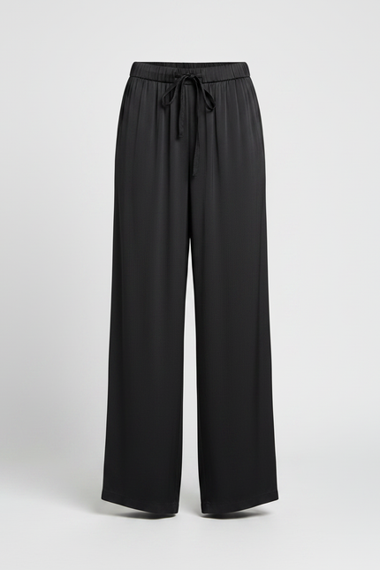 Pantalon Fluide Noir Ample Satiné Taille Haute Femme - vue 3