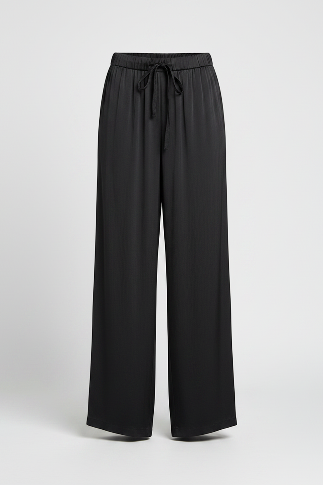 Pantalon Fluide Noir Ample Satiné Taille Haute Femme - vue 3