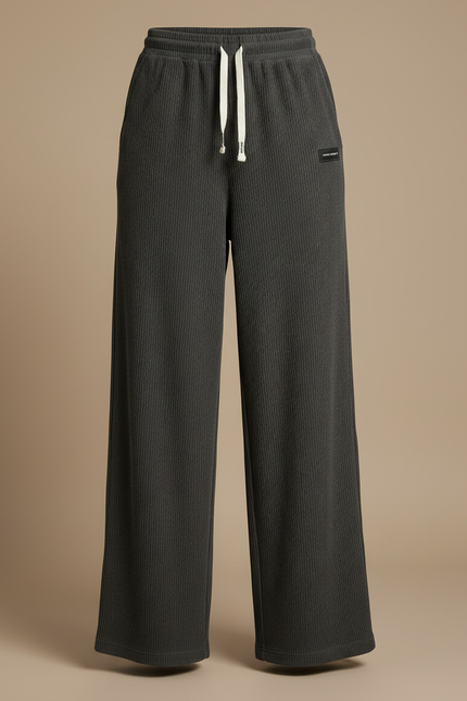 Pantalon Fluide Gris Côtelé Ample Décontracté Cordon - Cordé - vue 3