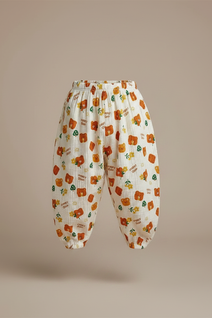 Pantalon Fluide Écru Oursons Fleuris Ample Coton Enfant - Beige - vue 3