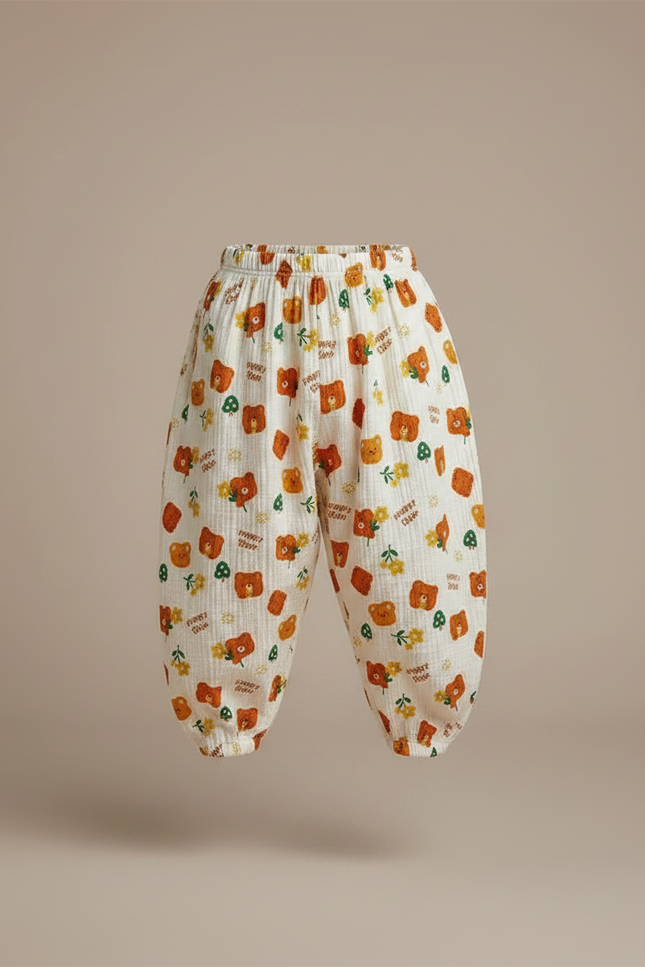 Pantalon Fluide Écru Oursons Fleuris Ample Coton Enfant - Beige - vue 3