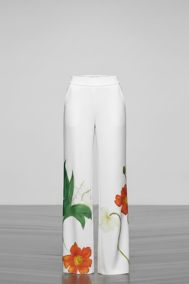 Pantalon Fluide Blanc Imprimé Floral Ample Élégant - Viscose - vue 3