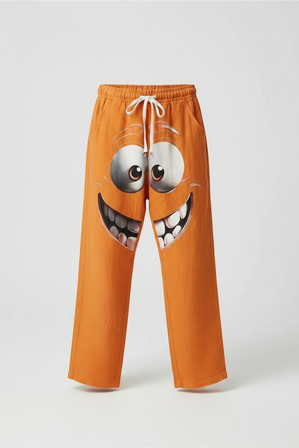 Pantalon Fluide Orange Ample Visage Rigolo Enfant - Lin - vue 3
