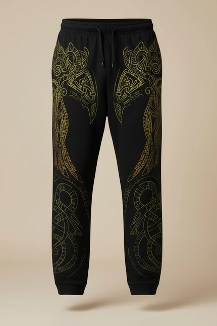 Pantalon Fluide Noir Ample Imprimé Totem Viking Homme - Molleton - vue 3