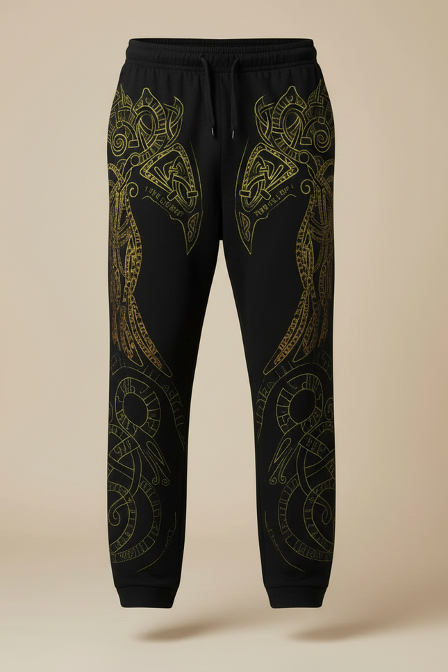 Pantalon Fluide Noir Ample Imprimé Totem Viking Homme - Molleton - vue 3