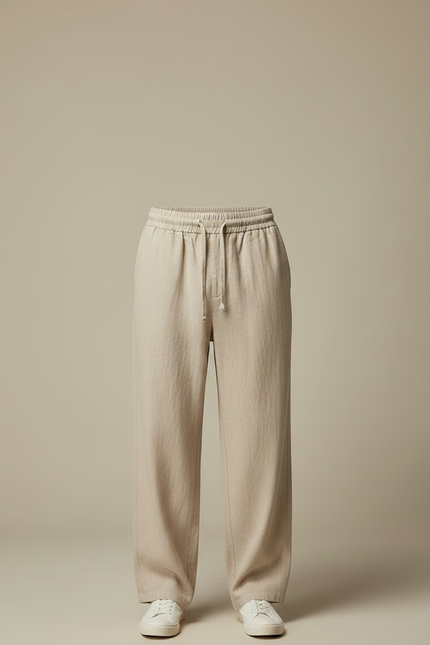 Pantalon Fluide Écru Ample Coton Lin Cordon Décontracté Homme - Beige - vue 3