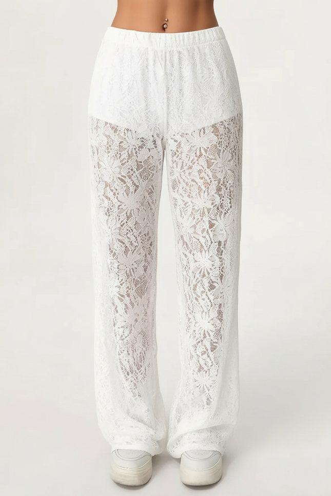 Pantalon Fluide Blanc Dentelle Floral Transparent Bohème - Polyester - vue 2