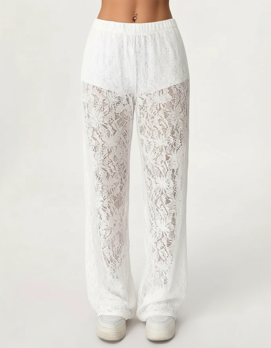 Pantalon Fluide Blanc Dentelle Floral Transparent Bohème - Polyester - vue 2