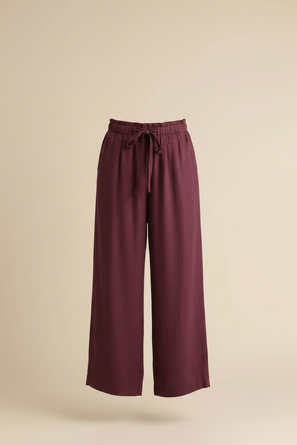Pantalon Fluide Bordeaux Ample Cordon Lin Femme - vue 3