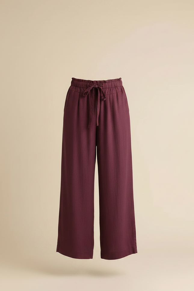 Pantalon Fluide Bordeaux Ample Cordon Lin Femme - vue 3
