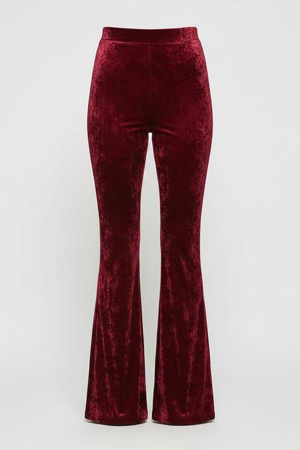 Pantalon Fluide Rouge Velours Évasé Taille Haute Élégant - Bordeaux - vue 3