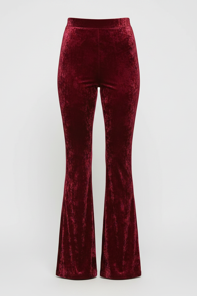 Pantalon Fluide Rouge Velours Évasé Taille Haute Élégant - Bordeaux - vue 3