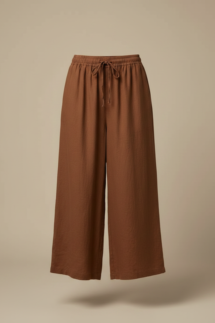 Pantalon Fluide Marron Lin Ample Cordon Décontracté - vue 3