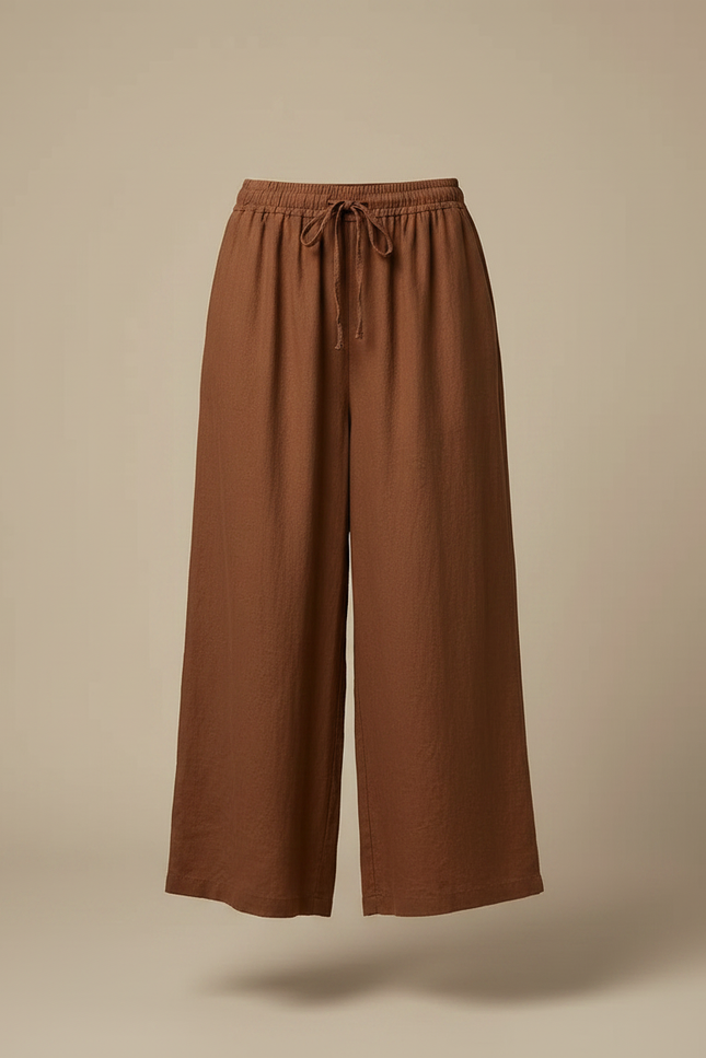 Pantalon Fluide Marron Lin Ample Cordon Décontracté - vue 3