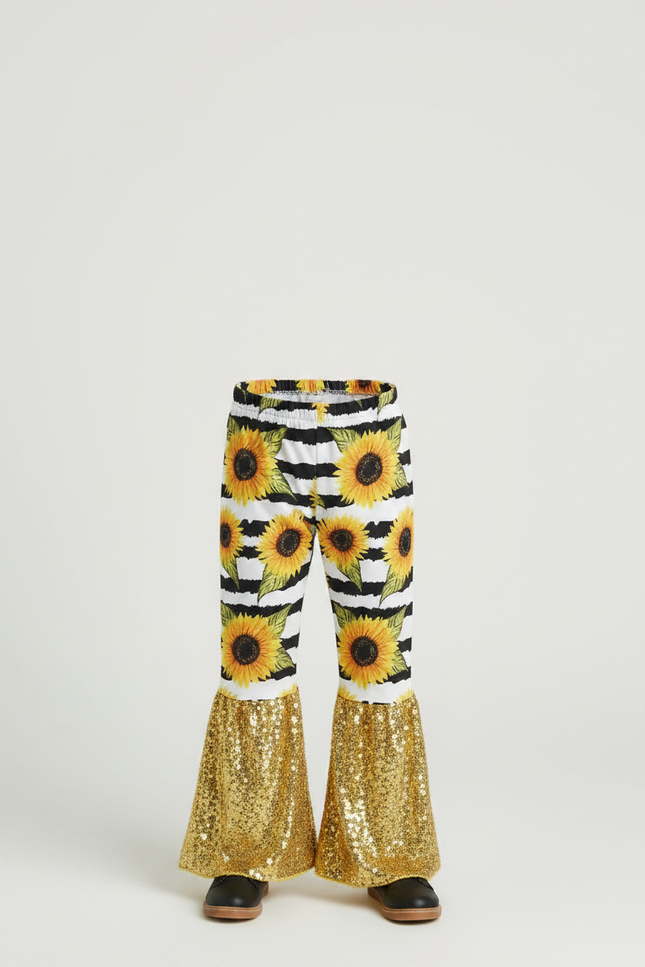 Pantalon Fluide Évasé Rayé Tournesols Paillettes Dorées Enfant - Multicolore Polyester - vue 3