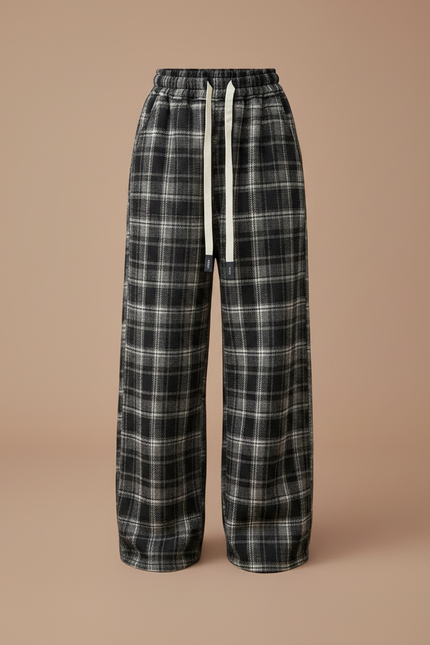 Pantalon Fluide Noir Plaid Ample Décontracté Coton Fille - Tweed - vue 3