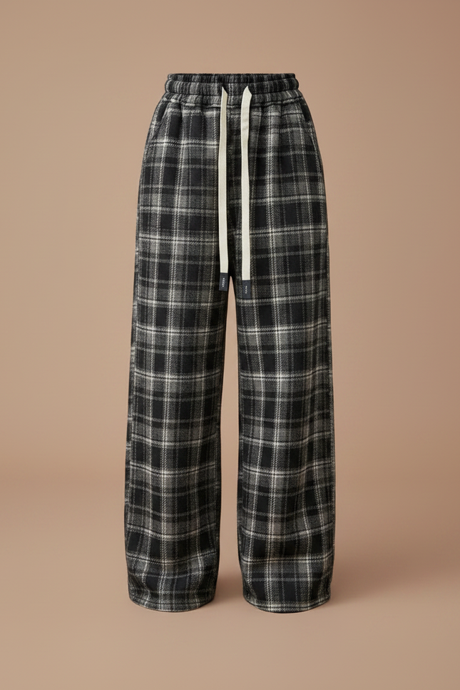 Pantalon Fluide Noir Plaid Ample Décontracté Coton Fille - Tweed - vue 3