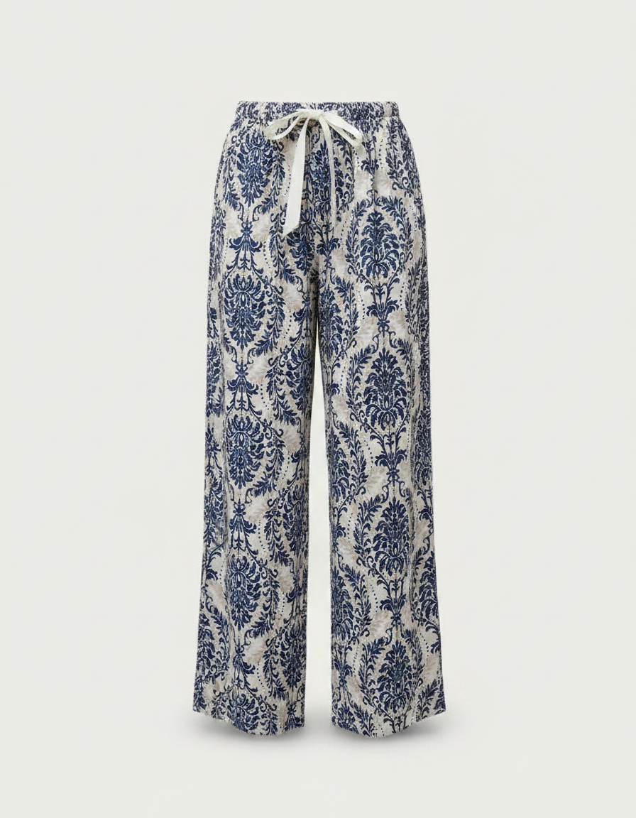 Pantalon Fluide Imprimé Baroque Bleu Viscose Ample - vue 2