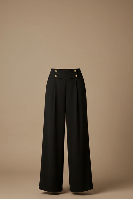 Pantalon Fluide Noir Ample Taille Haute Boutons - Viscose - vue 3