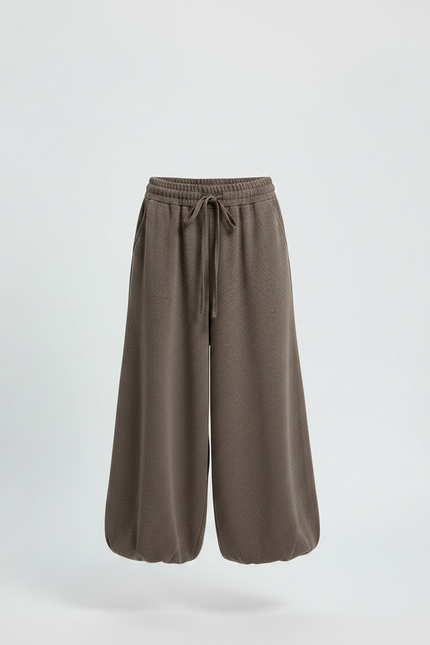 Pantalon Fluide Évasé Marron Ample Cordon Décontracté - Molleton - vue 3