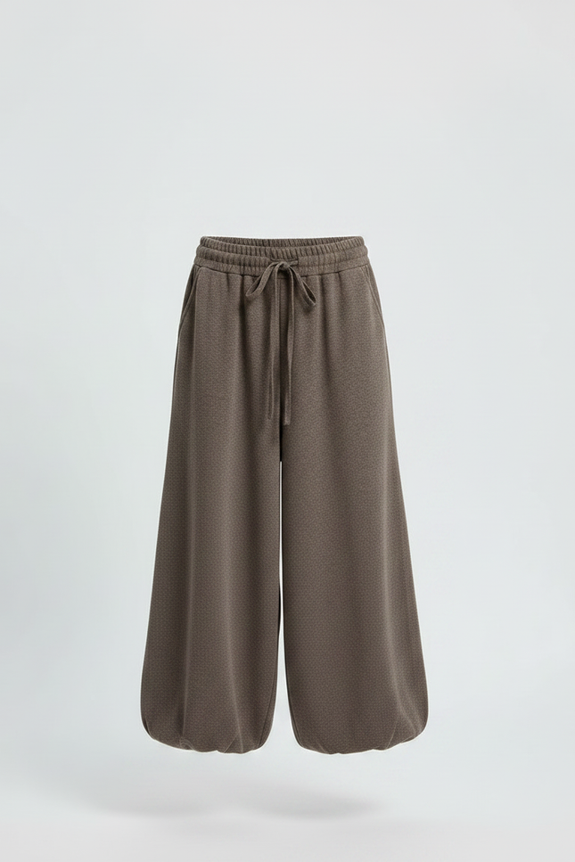 Pantalon Fluide Évasé Marron Ample Cordon Décontracté - Molleton - vue 3