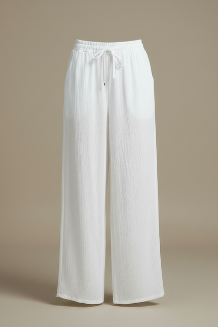Pantalon Fluide Blanc Ample Coton Texturé Décontracté - vue 3
