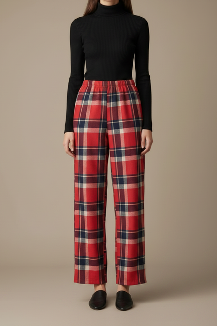 Pantalon Fluide Carreaux Rouges Ample Décontracté Femme - Laine - vue 3