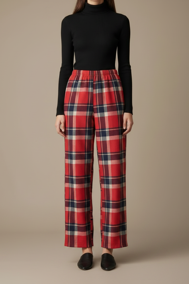 Pantalon Fluide Carreaux Rouges Ample Décontracté Femme - Laine - vue 3