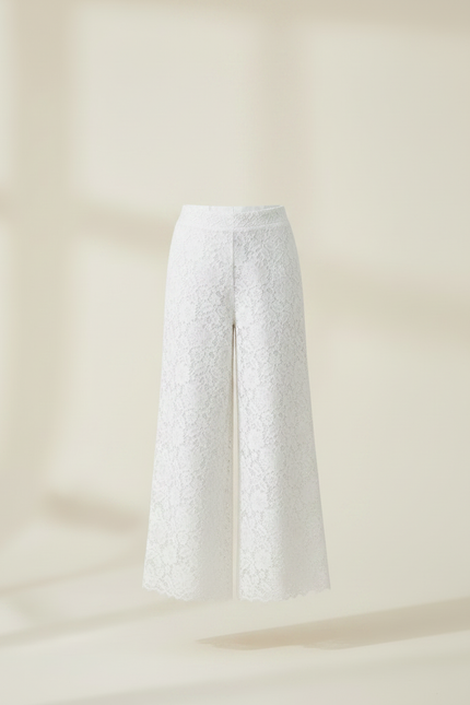Pantalon Fluide Dentelle Blanc Ample Fille Élégant - Maille - vue 3
