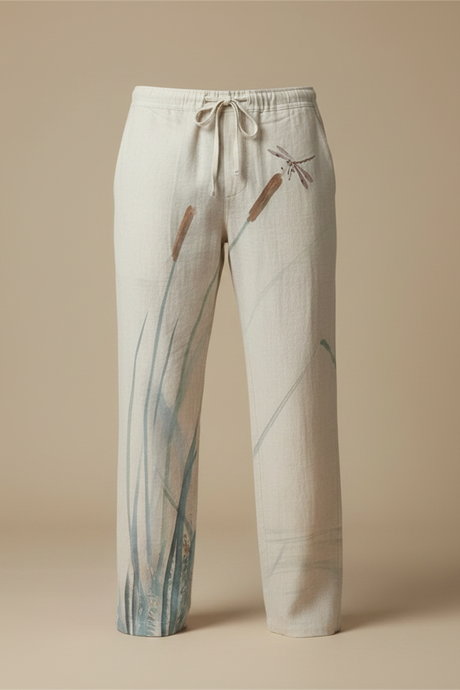 Pantalon Fluide Écru Lin Ample Libellule Roseau Homme - Beige - vue 3