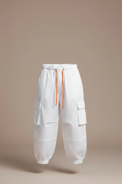 Pantalon Fluide Blanc Cargo Cordon Orange Enfant - Toile - vue 3