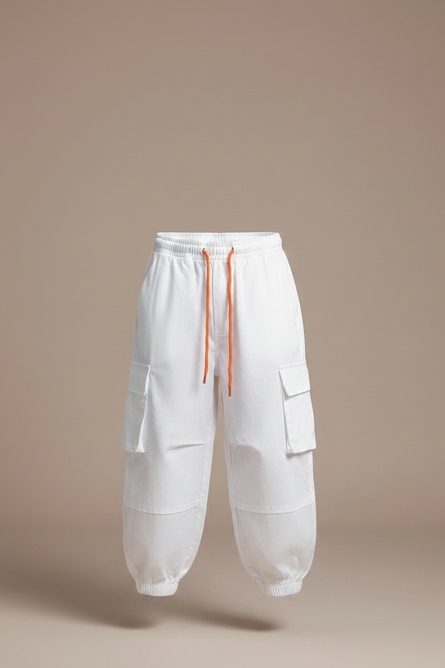 Pantalon Fluide Blanc Cargo Cordon Orange Enfant - Toile - vue 3