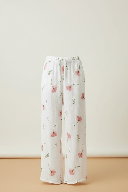 Pantalon Fluide Blanc Fleuri Coton Ample Décontracté - vue 3