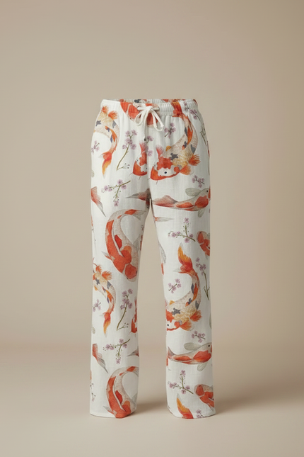 Pantalon Fluide Blanc Ample Imprimé Carpes Koï - Lin - vue 3