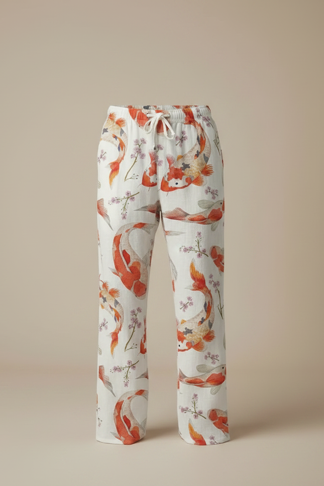Pantalon Fluide Blanc Ample Imprimé Carpes Koï - Lin - vue 3