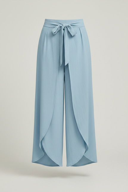 Pantalon Fluide Bleu Ciel Ample Fendu Ceinturé Décontracté - Lin - vue 3