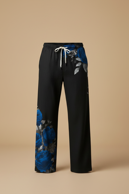 Pantalon Fluide Noir Ample Imprimé Roses Bleues Cordon Homme - Viscose - vue 3