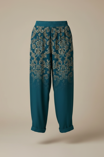 Pantalon Fluide Imprimé Fleuri Ample Bohème Turquoise - Multicolore Viscose - vue 3