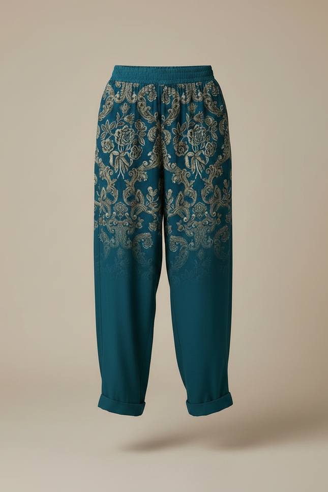 Pantalon Fluide Imprimé Fleuri Ample Bohème Turquoise - Multicolore Viscose - vue 3