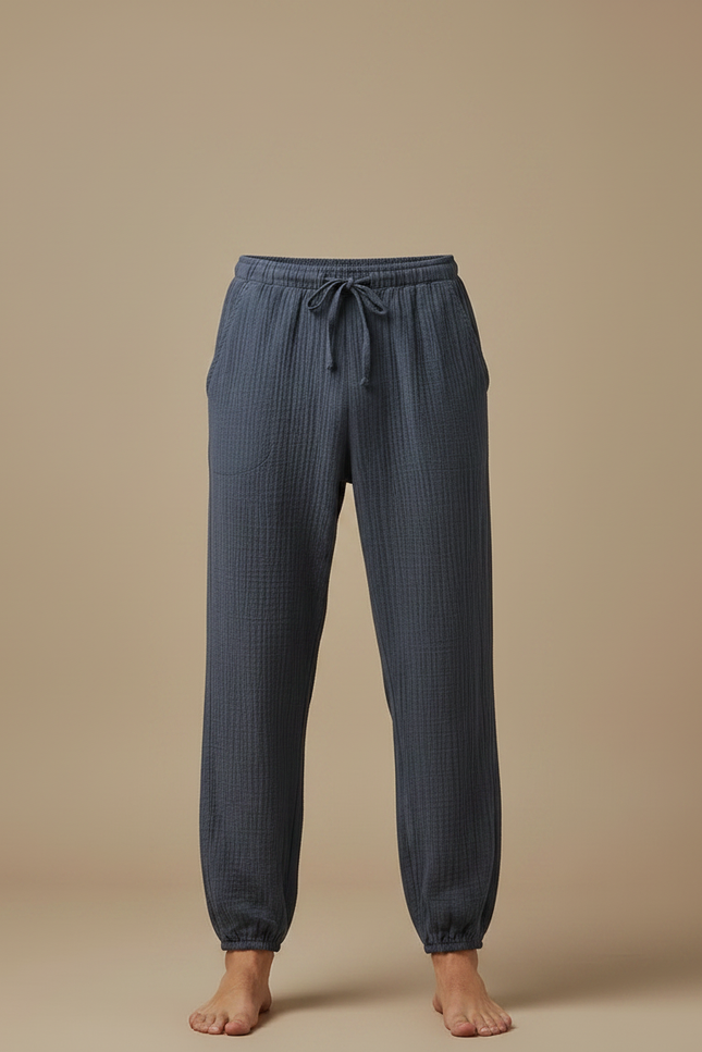 Pantalon Fluide Homme Gris Coton Texturé Décontracté - Bleu - vue 3