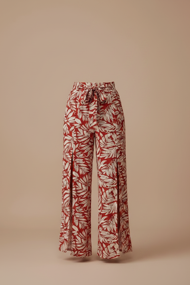 Pantalon Fluide Rouge Imprimé Tropical Fendu Bohème - Viscose - vue 3