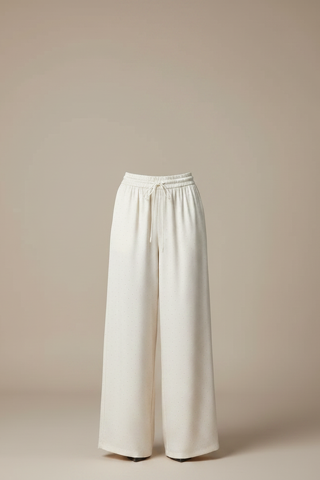 Pantalon Fluide Écru Ample Satiné Points Élégant - Beige - vue 3