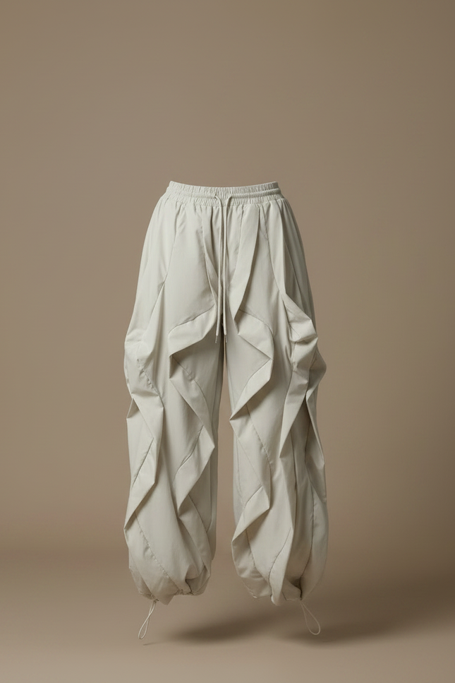 Pantalon Fluide Cargo Beige Ample Plissé Décontracté - Polyester - vue 3